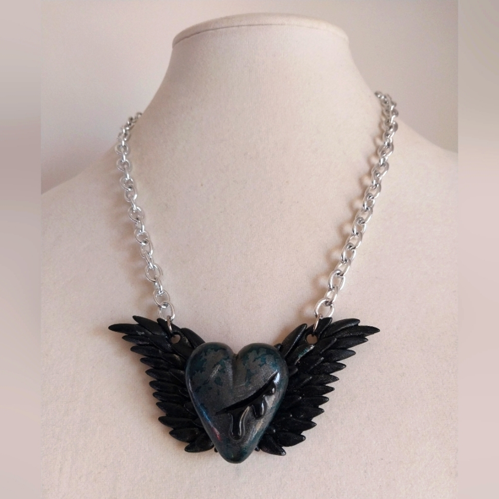 Polymer clay goth emo winged bleeding heart necklace